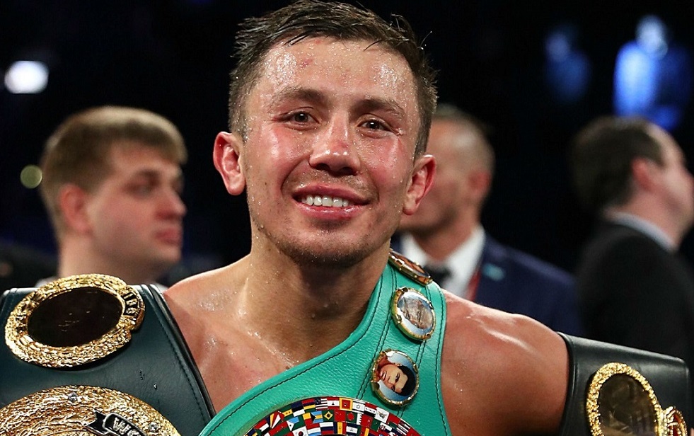 Golovkin pictured with championship belts Golovkin vs Alvarez