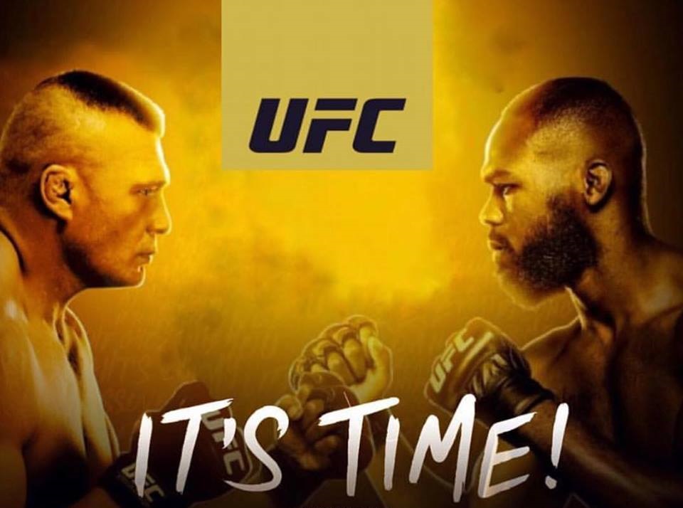Brock Lesnar, Jon Jones in fighting stance with words its time