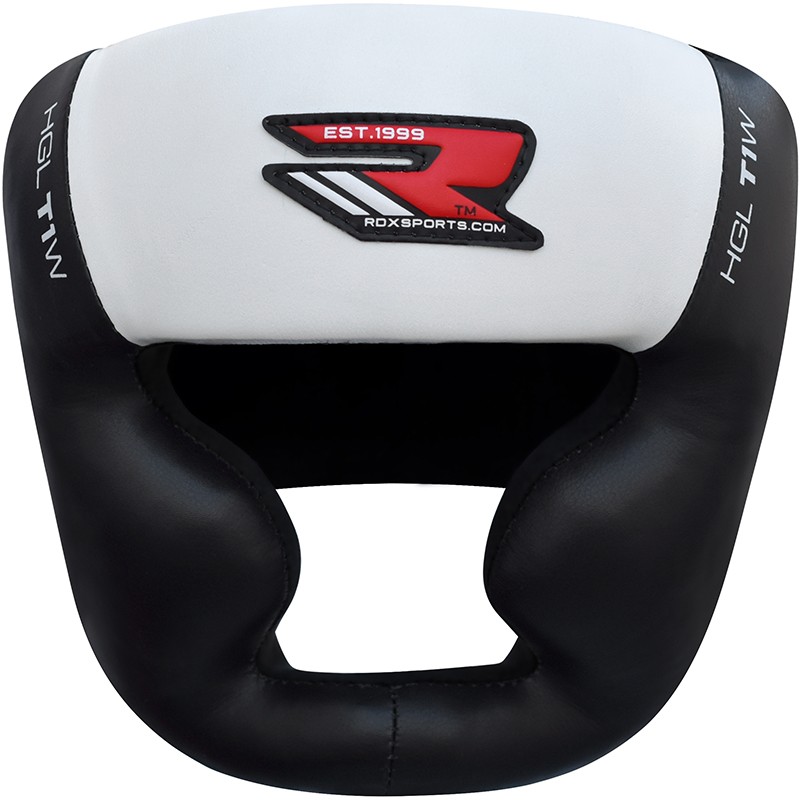 Black, white boxing MMA head guard with red RDX logo