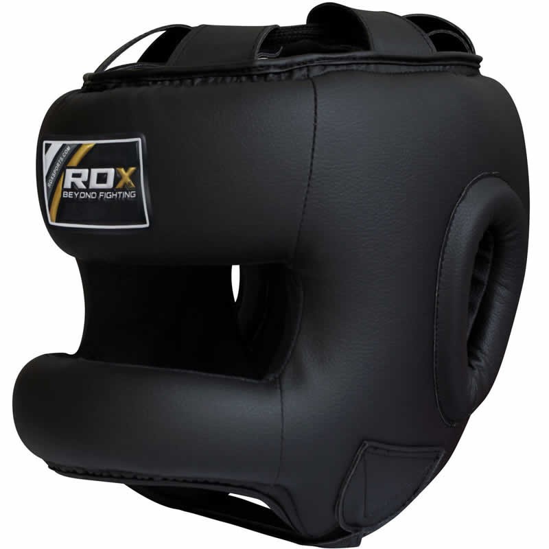 Black boxing MMA head guard with white RDX logo