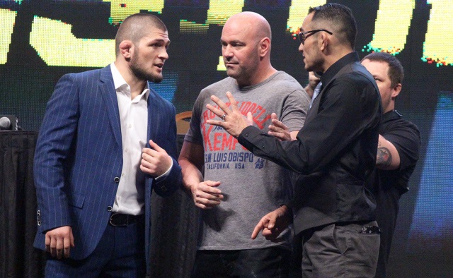 Khabib Nurmagomedov, Dana White, Tony Ferguson talking at press conference
