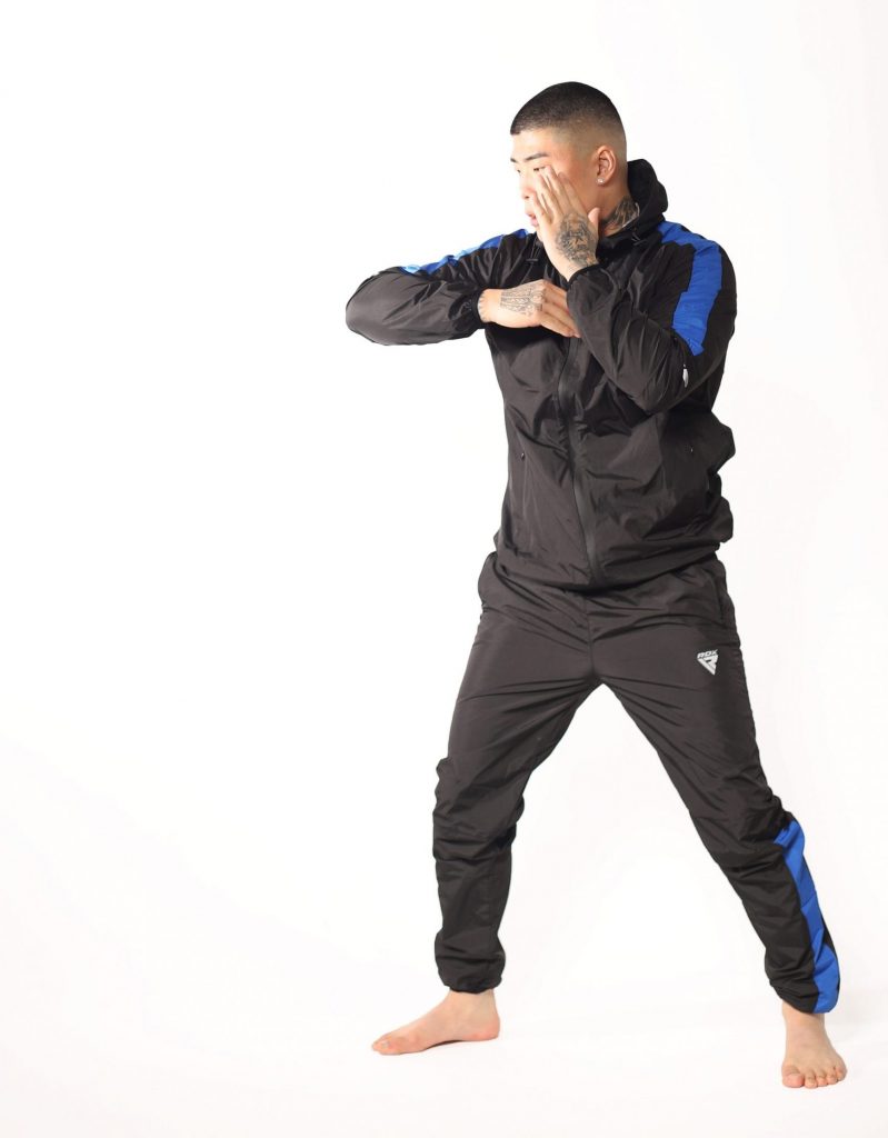 Samuel wearing sauna suit