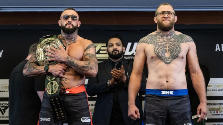 Tensions rise at BRAVE CF 94 faceoffs ahead of fight night in Geneva Pavel Dailidko and Odie Delaney